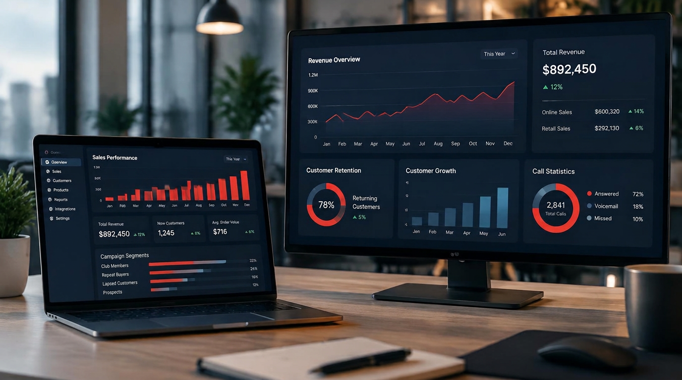 Sales analytics dashboard showing revenue and retention